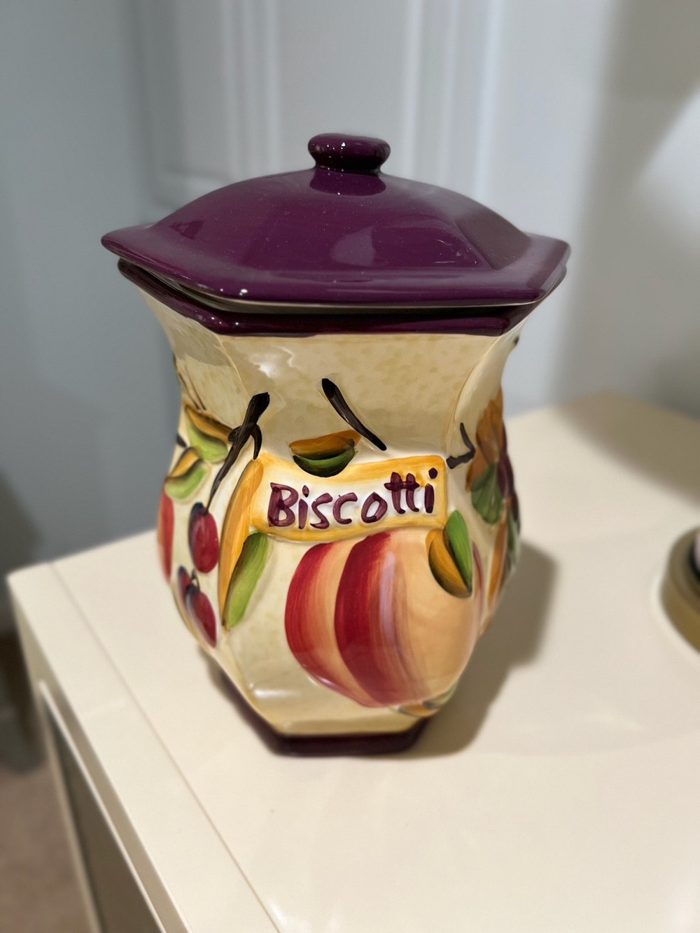 Biscotti Cookie Jar - Purple Lid with Fruit Motif